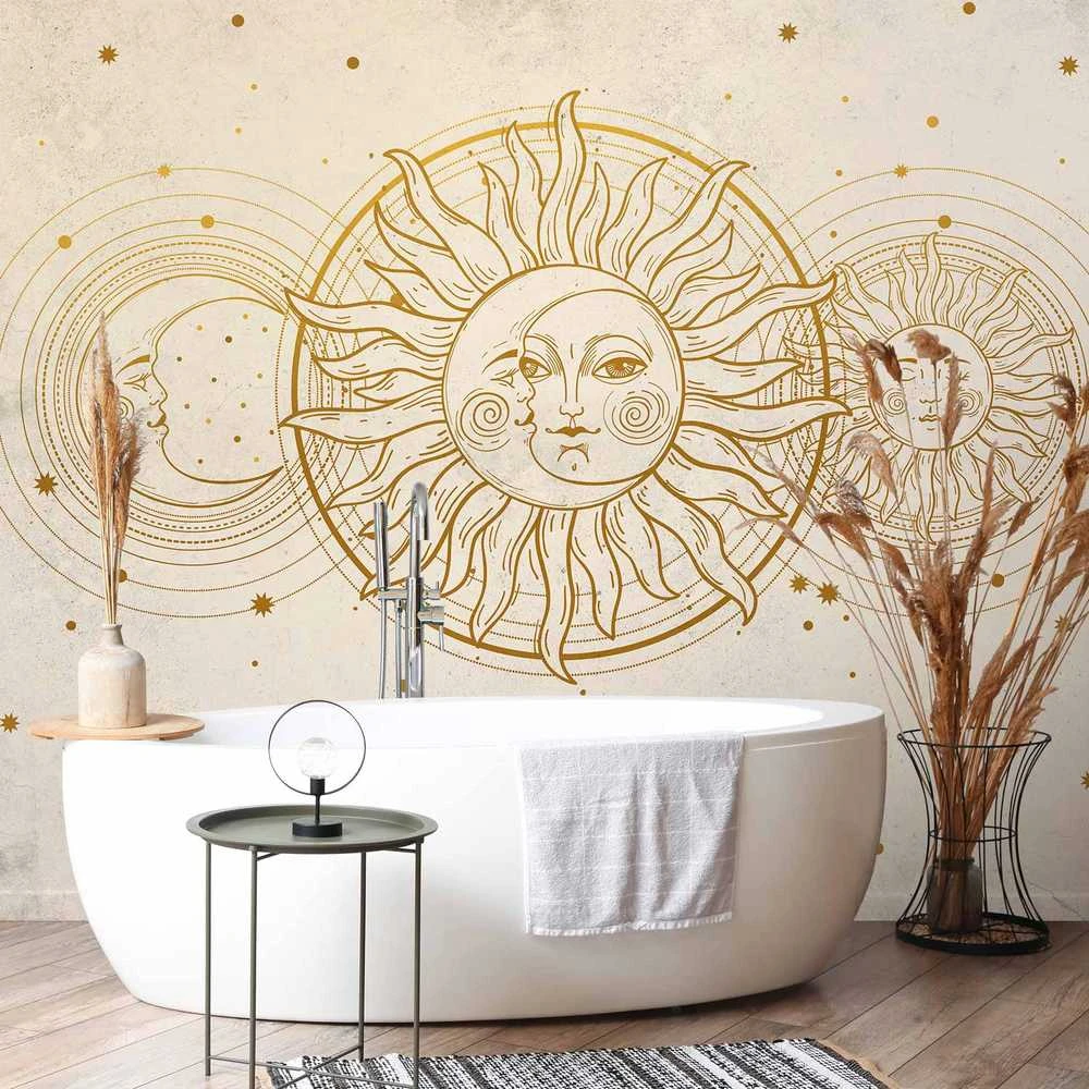 Artgeist Fototapetas - Golden Sun and Moon - Artistic Illustration in Retro Style