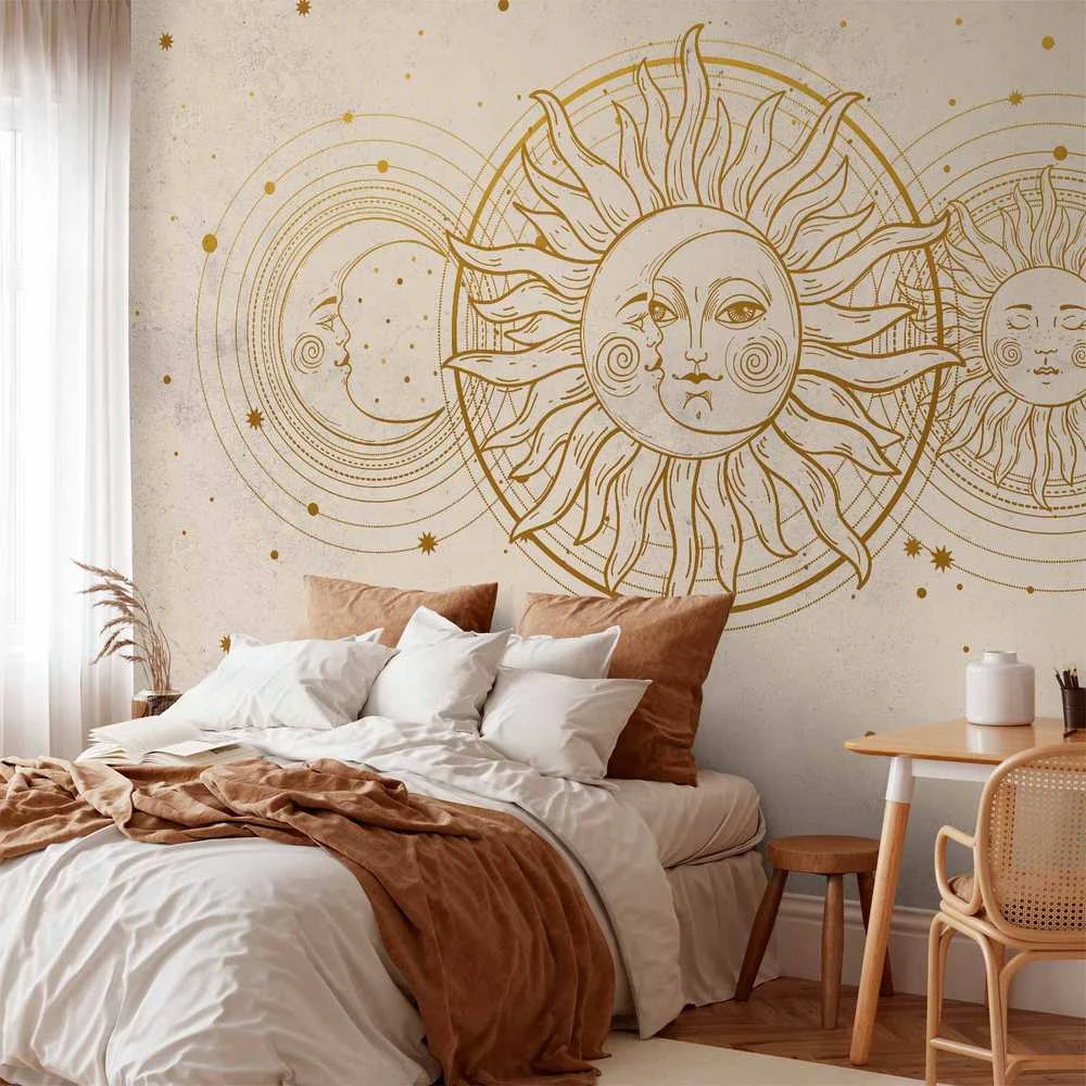 Artgeist Fototapetas - Golden Sun and Moon - Artistic Illustration in Retro Style