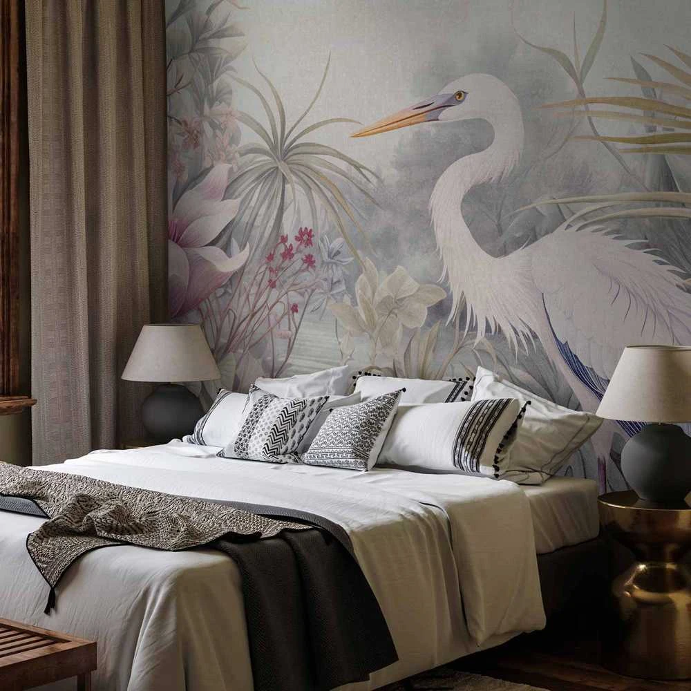 Artgeist Fototapetas - Heron wading in a pond - illustration in bright colours