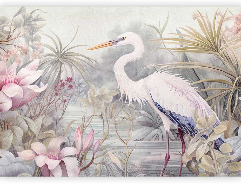 Artgeist Fototapetas - Heron wading in a pond - illustration in bright colours