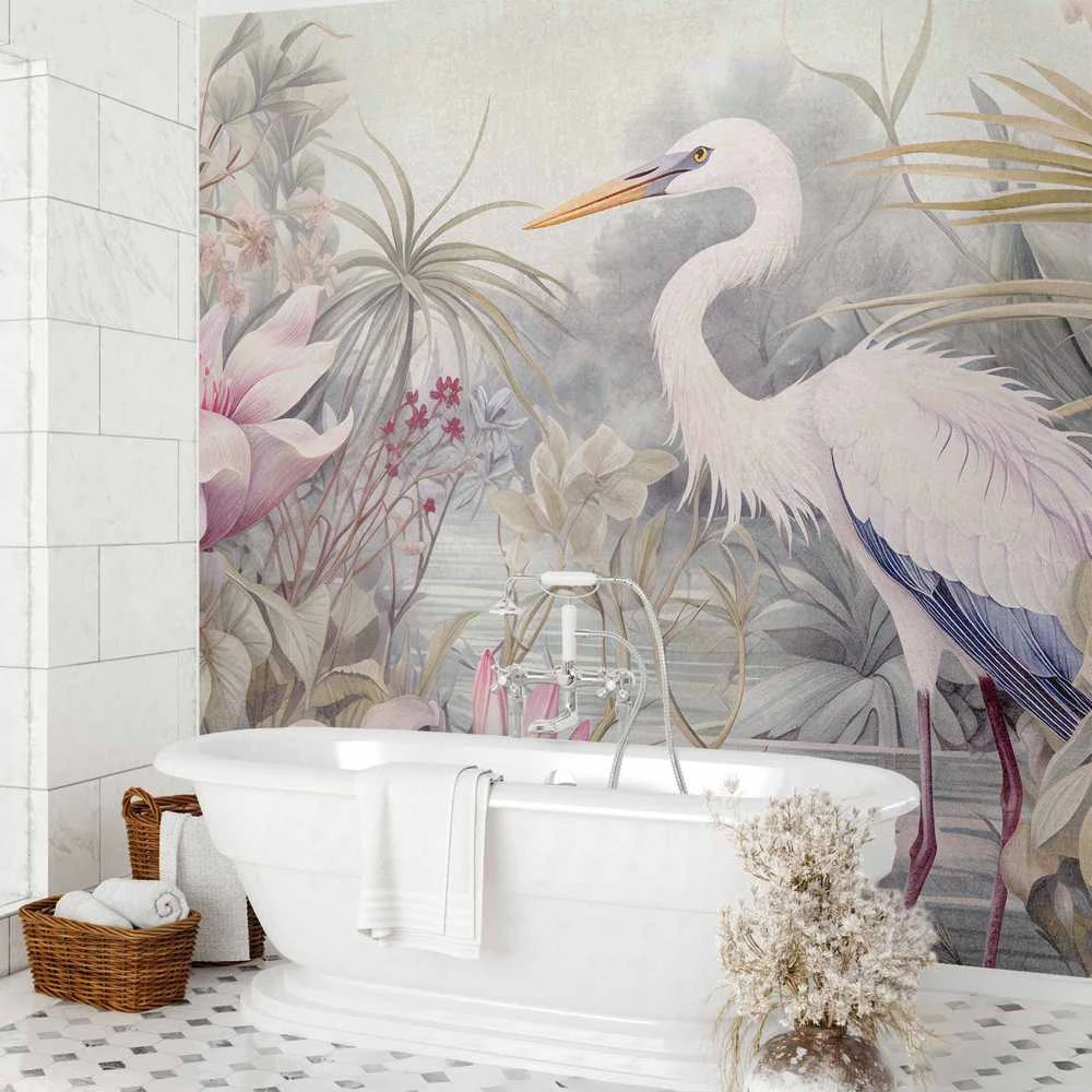 Artgeist Fototapetas - Heron wading in a pond - illustration in bright colours