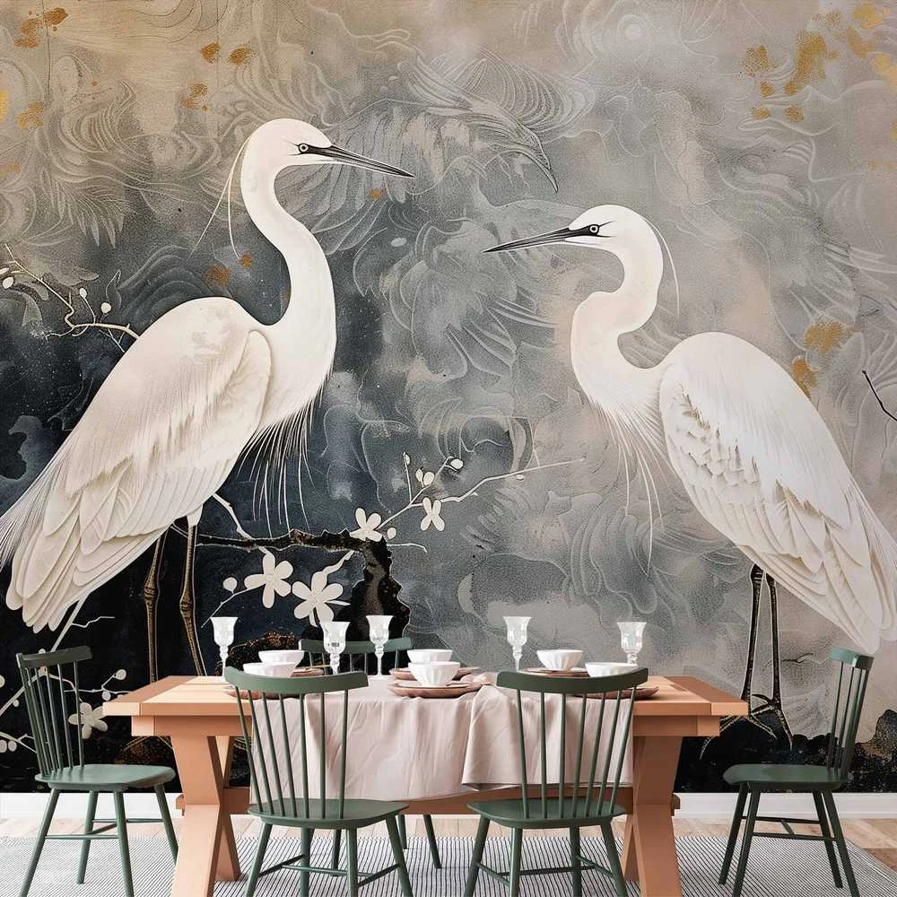 Artgeist Fototapetas - Herons and cherry blossoms - oriental-style illustration depicting birds