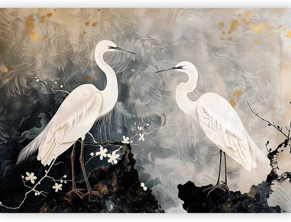 Artgeist Fototapetas - Herons and cherry blossoms - oriental-style illustration depicting birds