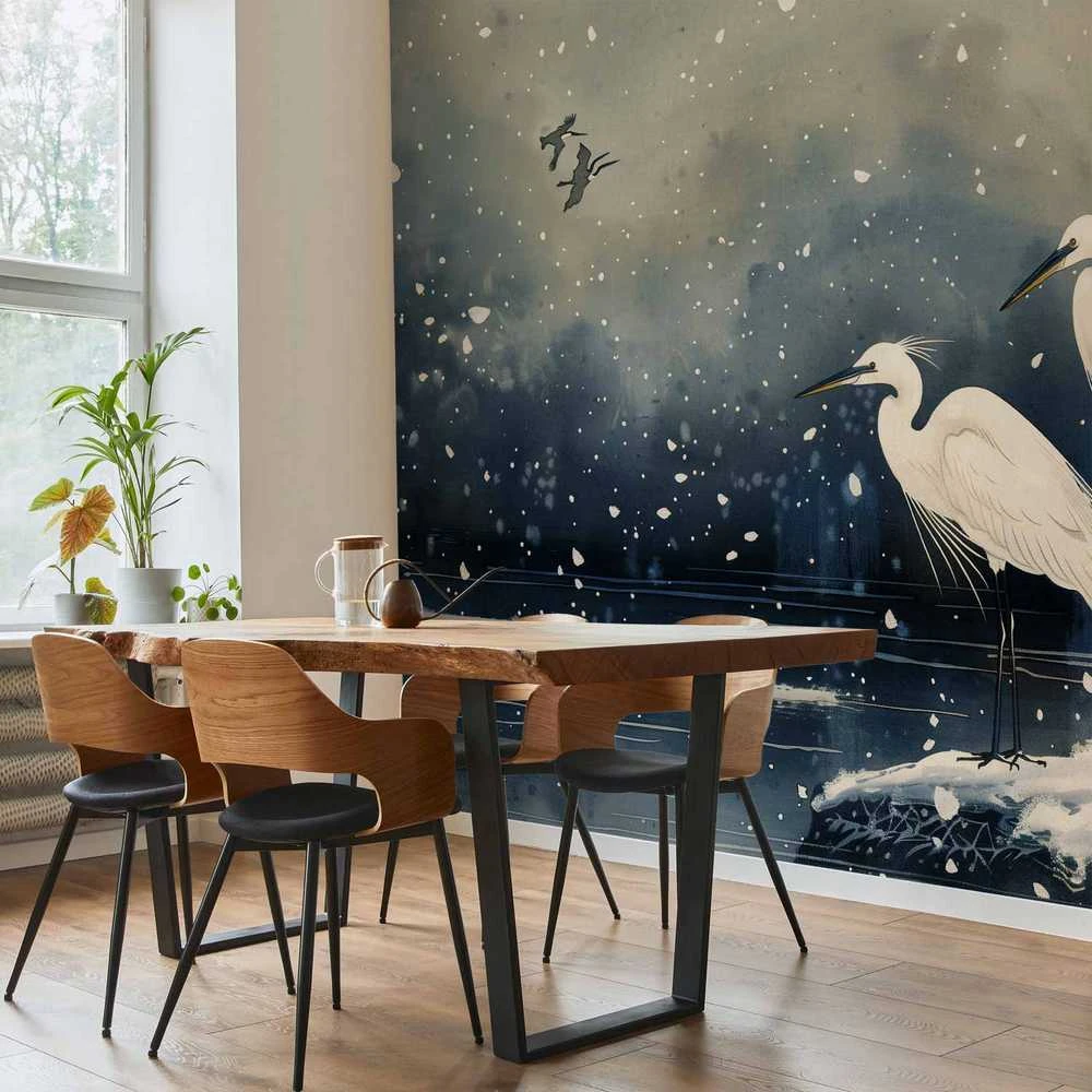 Artgeist Fototapetas - Herons over a winter pond - Japanese-style illustration in dark colours