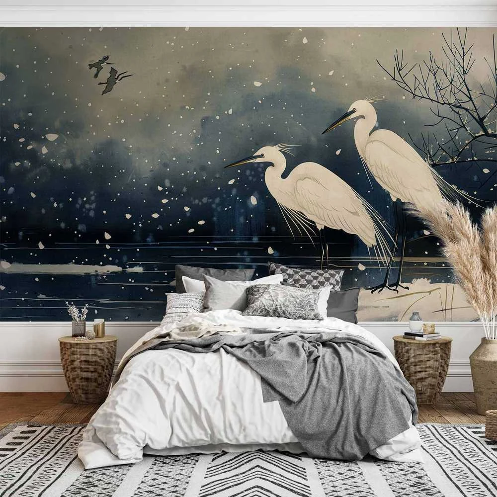 Artgeist Fototapetas - Herons over a winter pond - Japanese-style illustration in dark colours