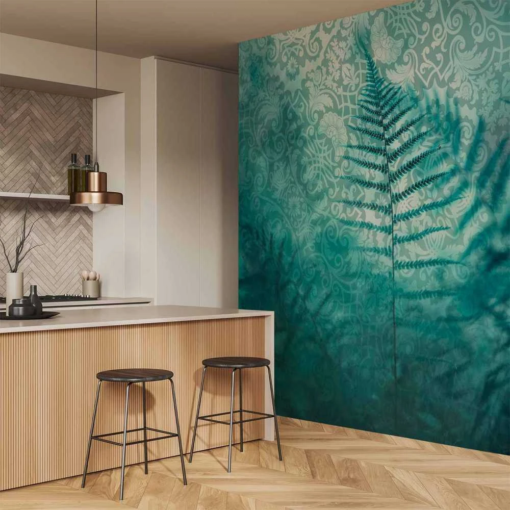 Artgeist Fototapetas - In a forest retreat - abstract composition with ferns and patterns