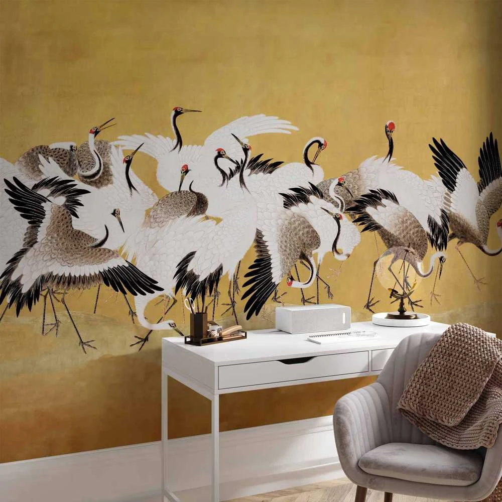 Artgeist Fototapetas - Japanese cranes - a flock of birds against a golden background based on a painting by Ishida Yūtei