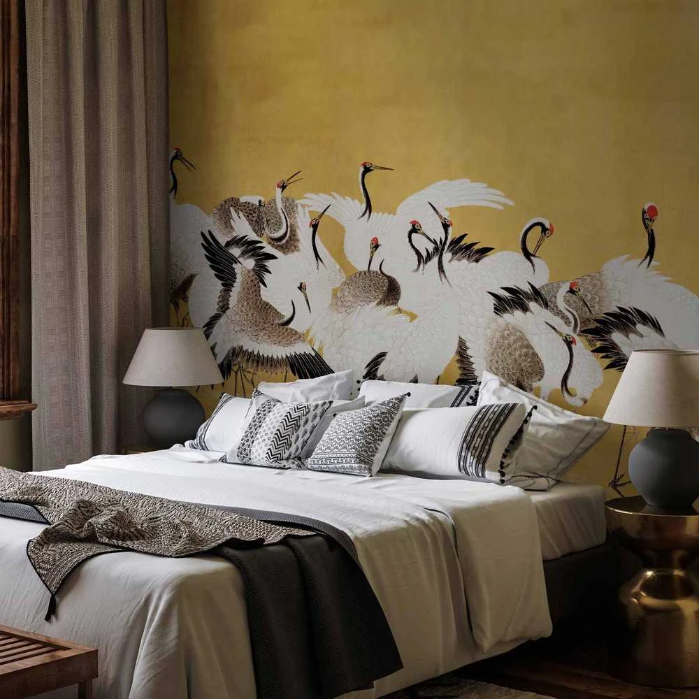 Artgeist Fototapetas - Japanese cranes - a flock of birds against a golden background based on a painting by Ishida Yūtei
