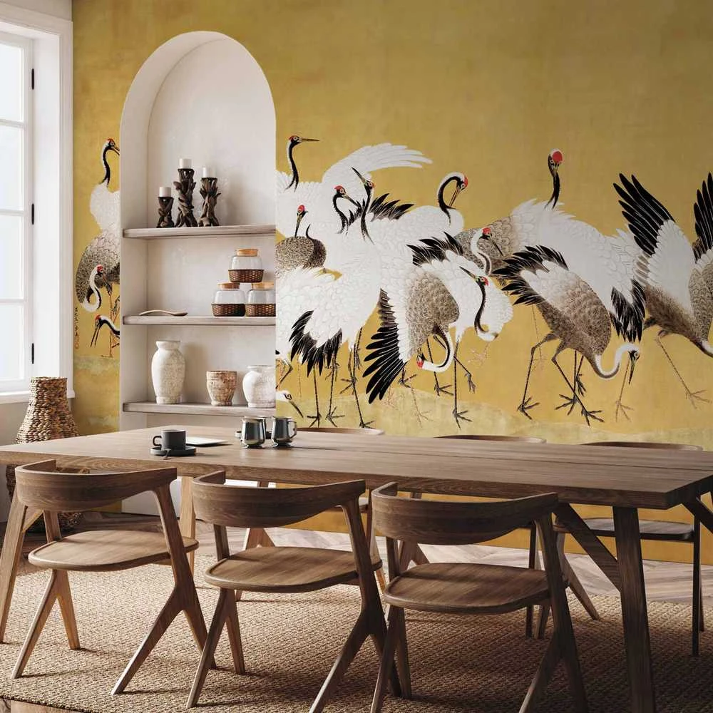 Artgeist Fototapetas - Japanese cranes - a flock of birds against a golden background based on a painting by Ishida Yūtei