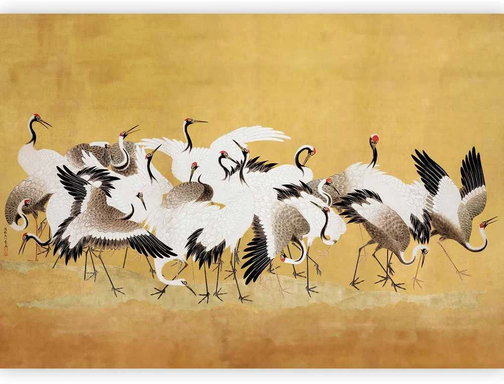 Artgeist Fototapetas - Japanese cranes - a flock of birds against a golden background based on a painting by Ishida Yūtei