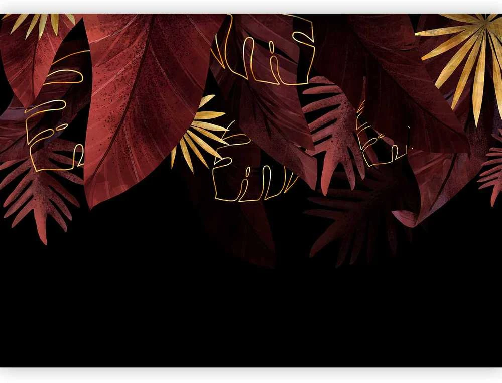 Artgeist Fototapetas - Jungle and composition - red and auksinis leaf motif on juodas background