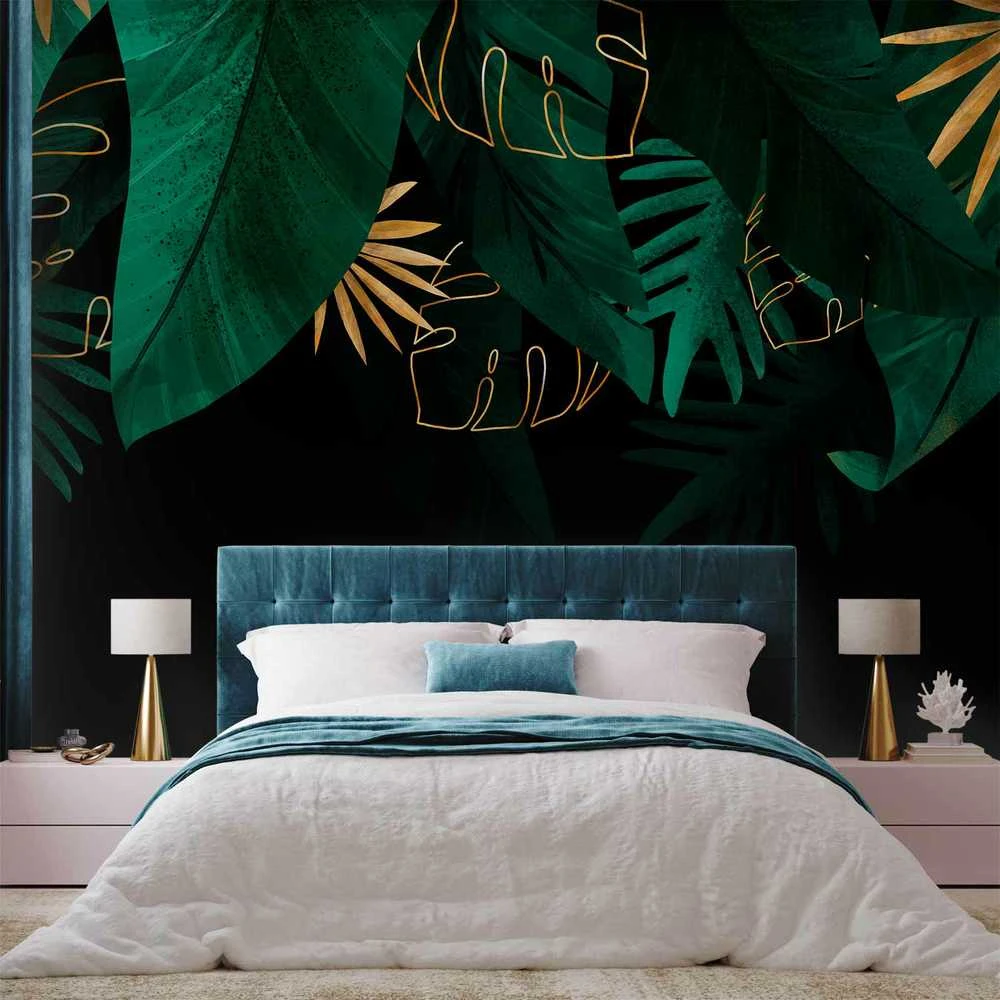 Artgeist Fototapetas - Jungle and composition - motif of žalias and golden leaves on a juodas background