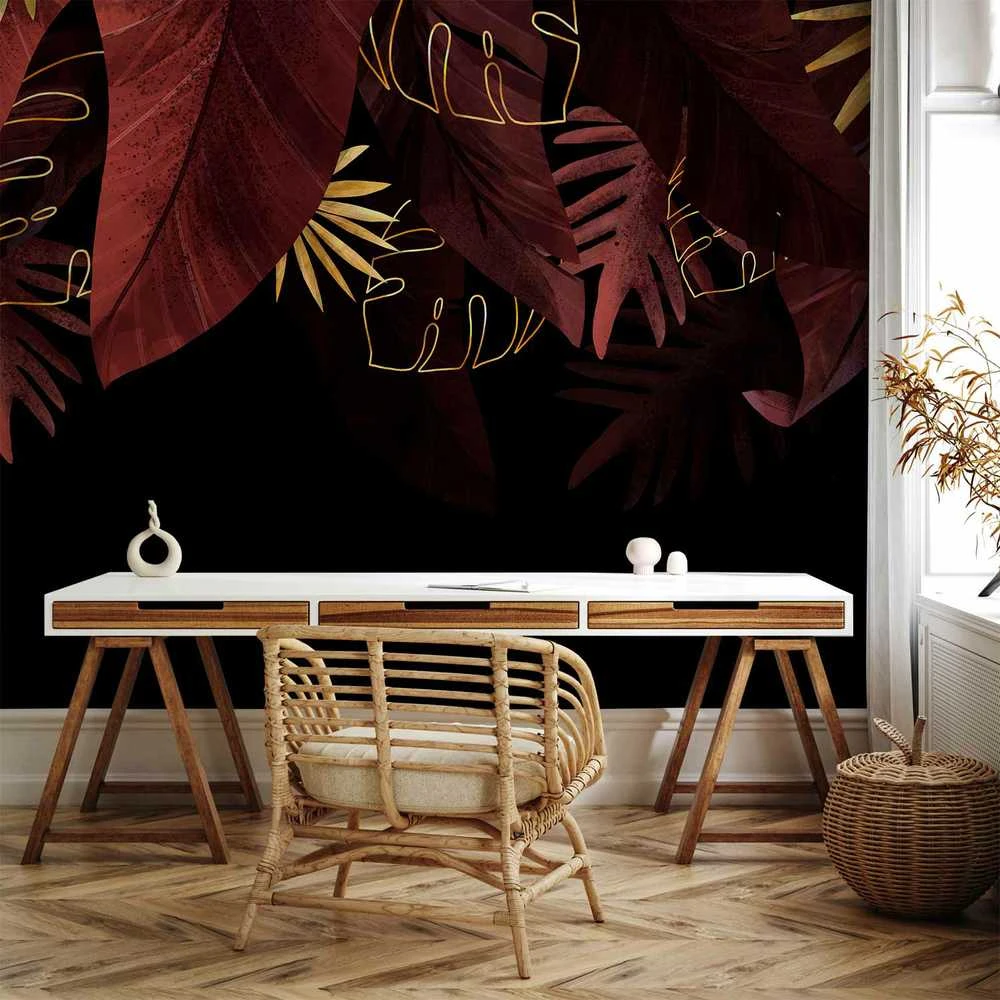 Artgeist Fototapetas - Jungle and composition - red and auksinis leaf motif on juodas background