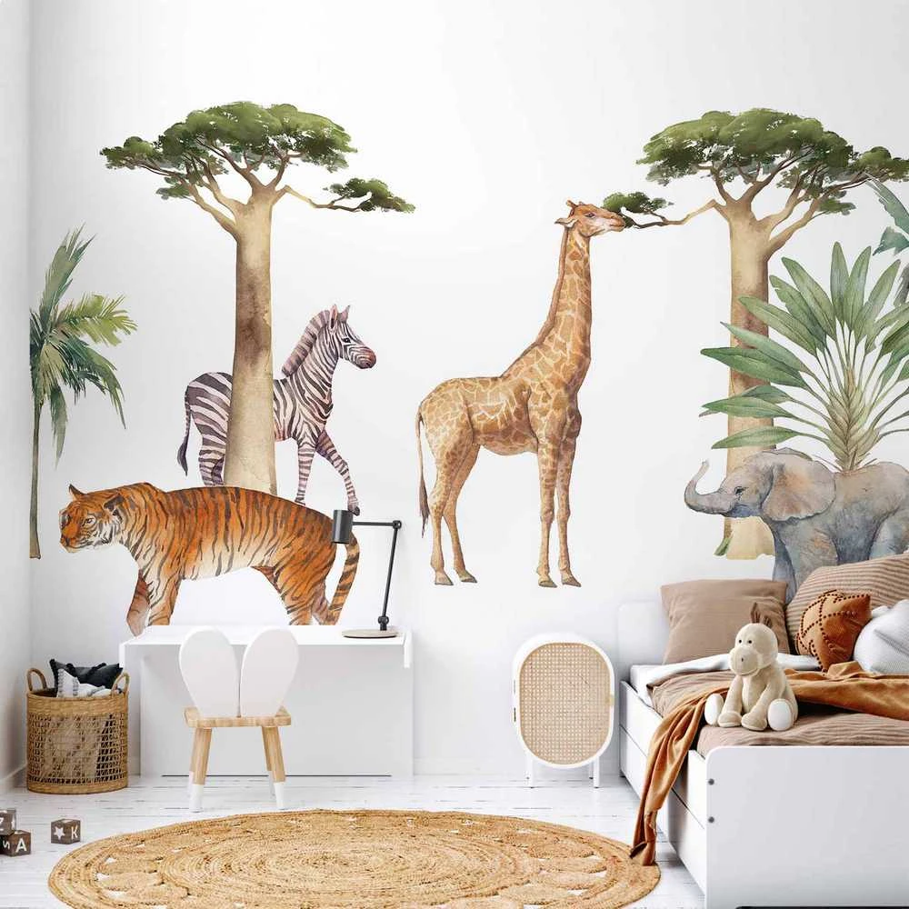 Artgeist Fototapetas - Jungle Animals on Baltas Background Made With Watercolour Technique