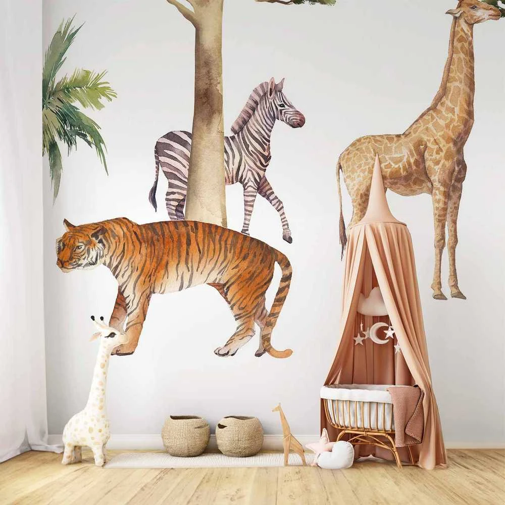 Artgeist Fototapetas - Jungle Animals on Baltas Background Made With Watercolour Technique