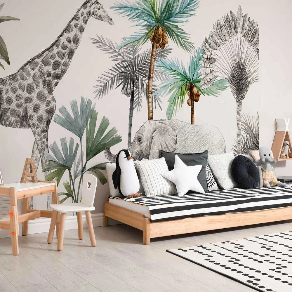 Artgeist Fototapetas - Jungle Animals Wallpaper for Children's Room in Cartoon Style
