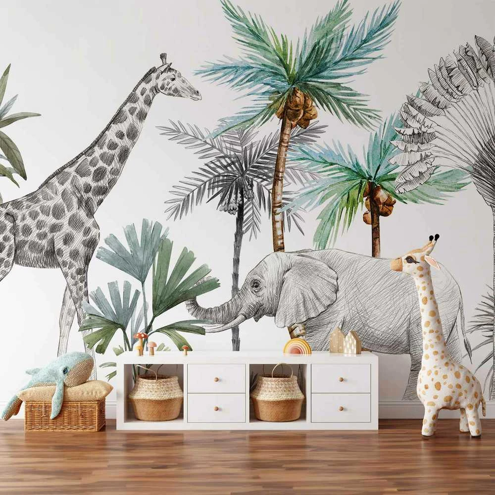 Artgeist Fototapetas - Jungle Animals Wallpaper for Children's Room in Cartoon Style