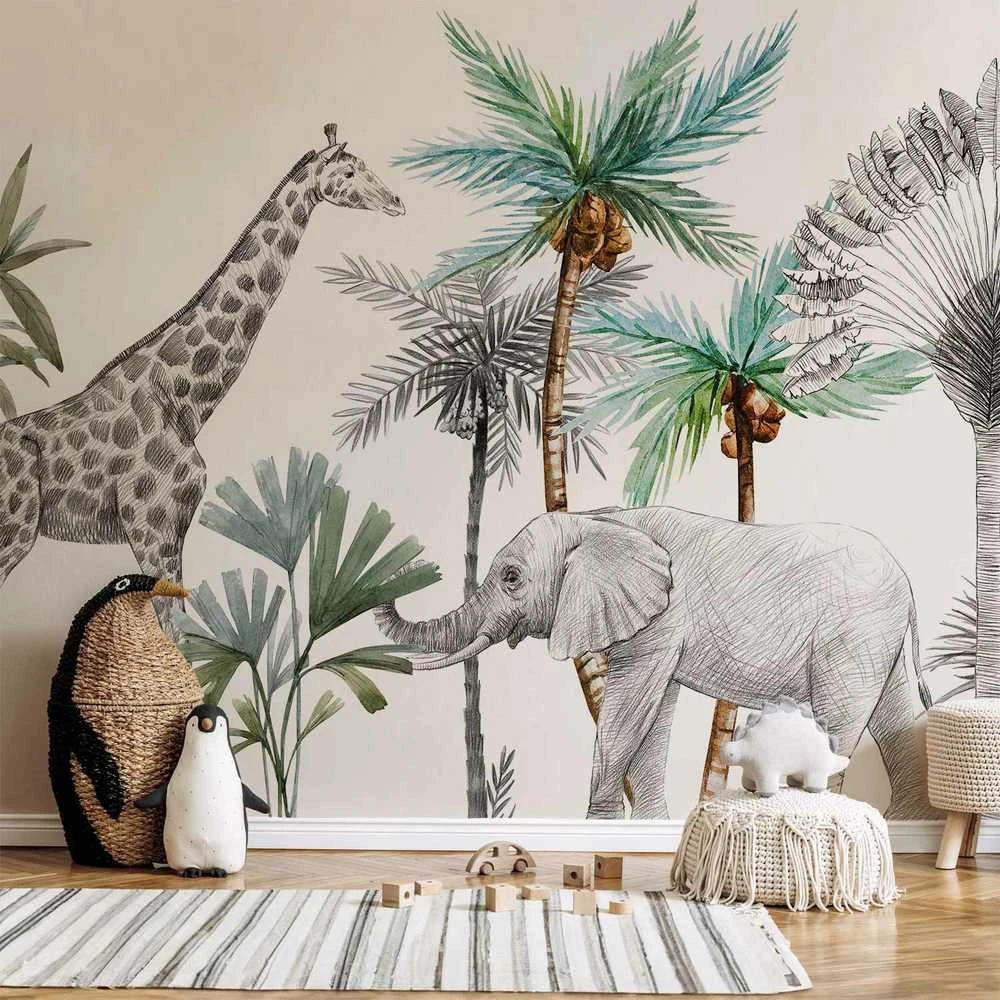 Artgeist Fototapetas - Jungle Animals Wallpaper for Children's Room in Cartoon Style