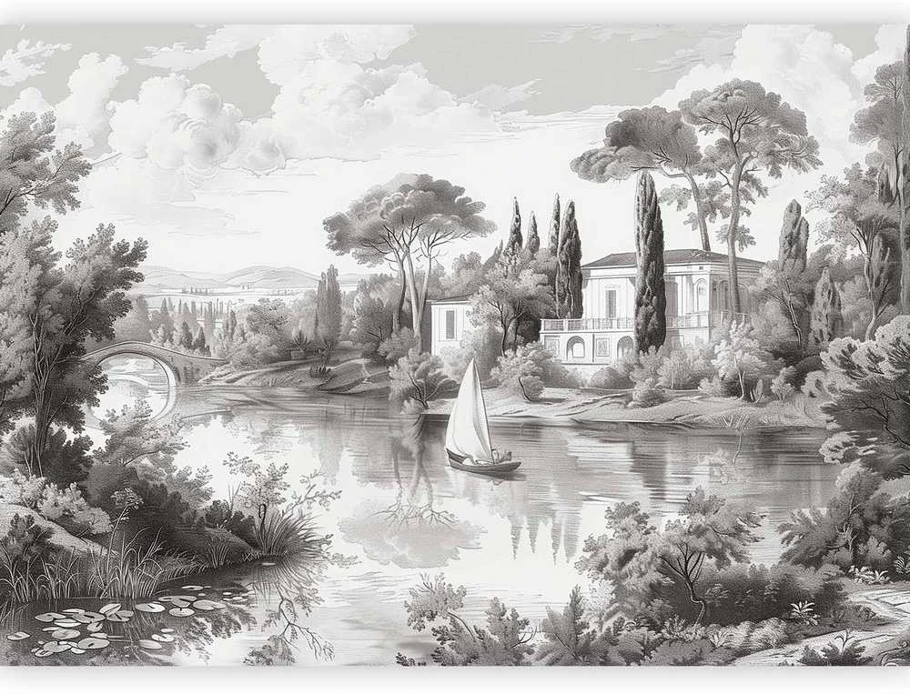 Artgeist Fototapetas - Juodas and Baltas Vintage Landscape Retro View of a Pond with a Boat