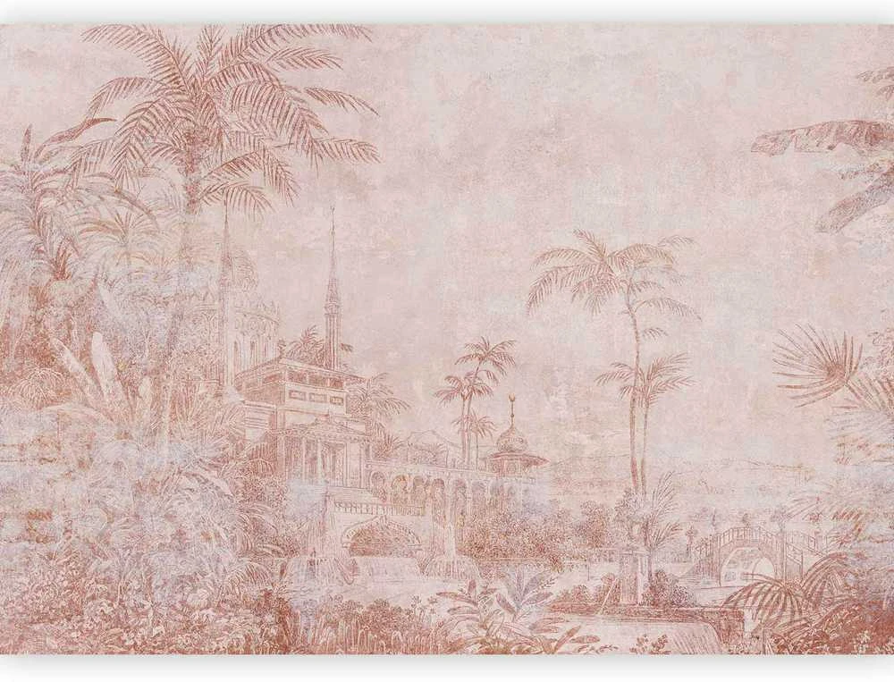 Artgeist Fototapetas - Landscape with temple - engraving of Indian architecture with palm trees