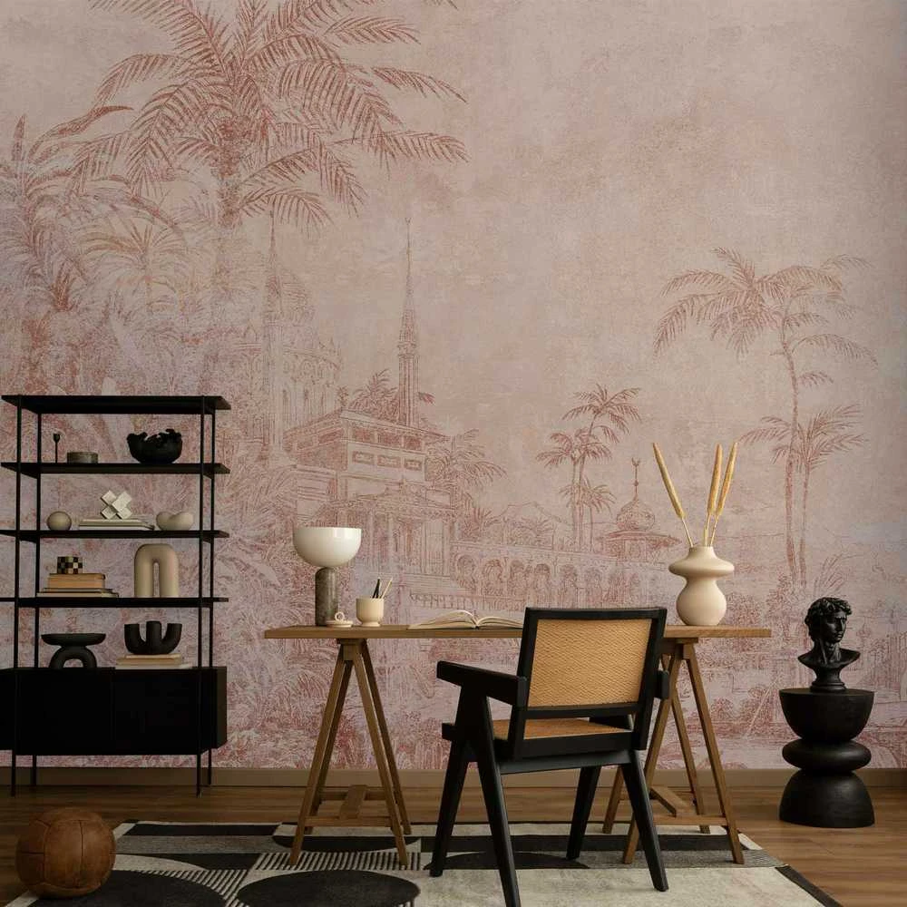 Artgeist Fototapetas - Landscape with temple - engraving of Indian architecture with palm trees