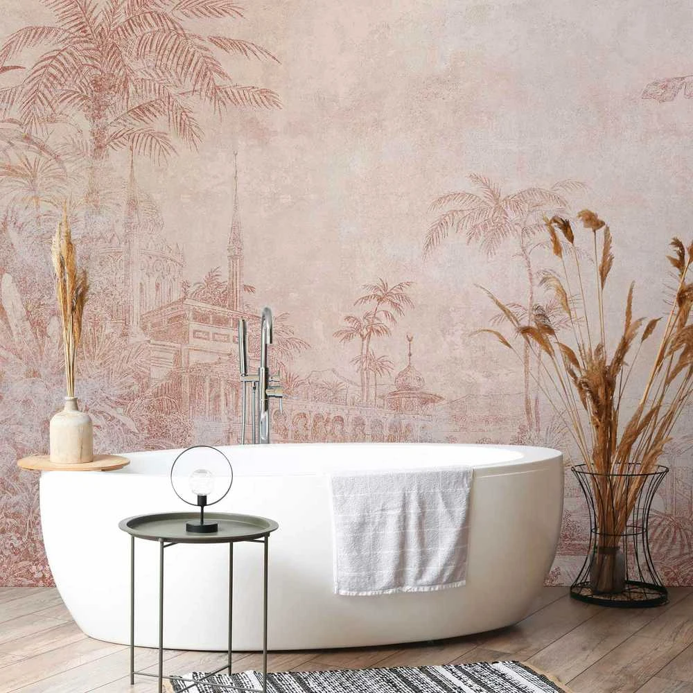Artgeist Fototapetas - Landscape with temple - engraving of Indian architecture with palm trees
