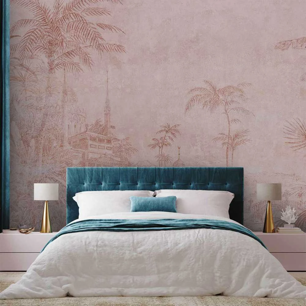 Artgeist Fototapetas - Landscape with temple - engraving of Indian architecture with palm trees