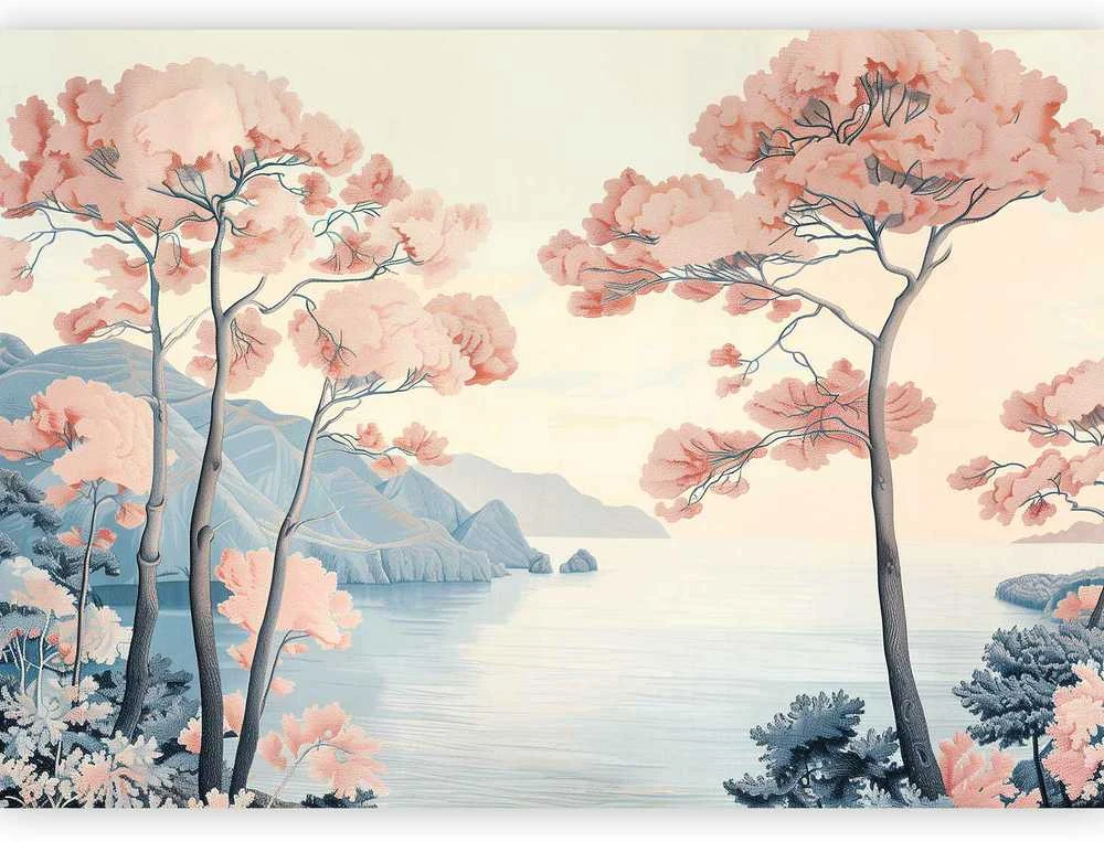 Artgeist Fototapetas - Landscape with the Ocean Cliffs and Trees in Delicate Rožinė Shades