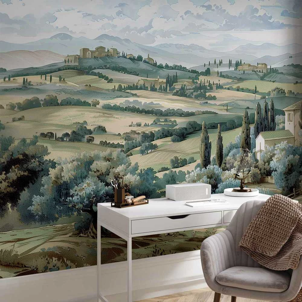Artgeist Fototapetas - Landscape with Žalias Fields and Trees Tuscan Sunny View