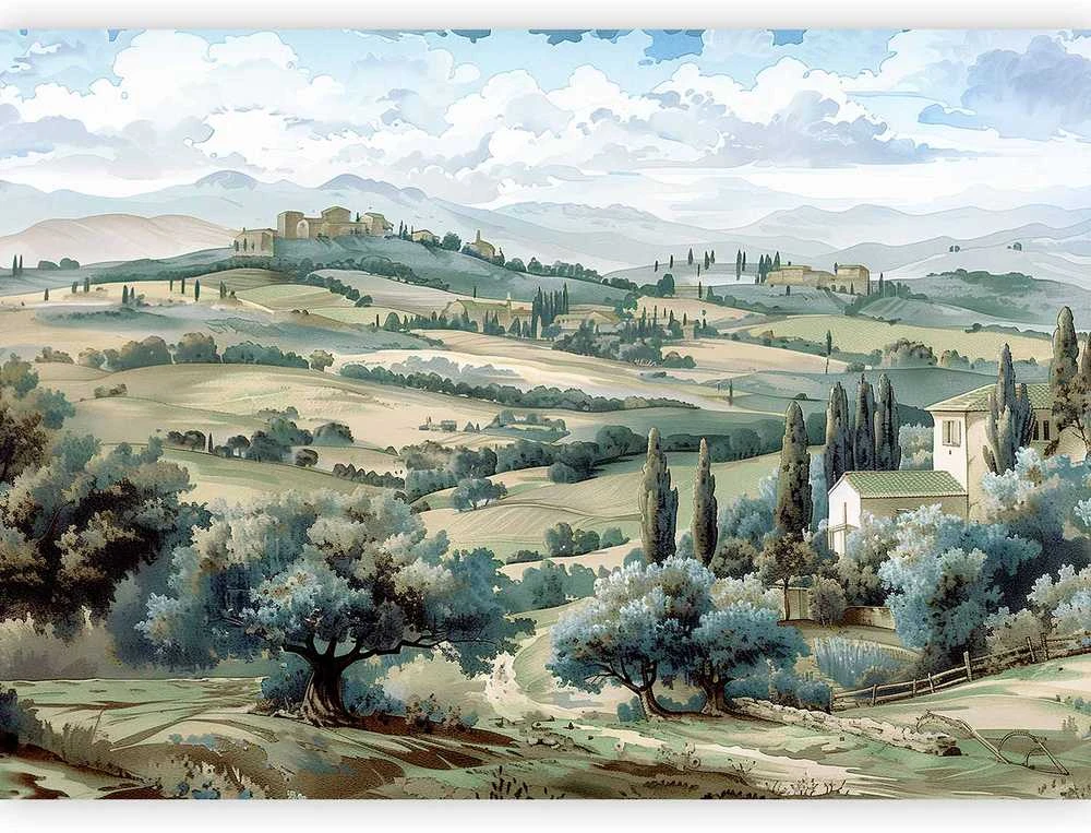 Artgeist Fototapetas - Landscape with Žalias Fields and Trees Tuscan Sunny View