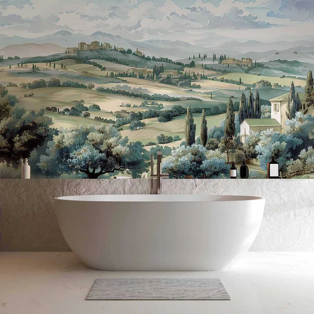 Artgeist Fototapetas - Landscape with Žalias Fields and Trees Tuscan Sunny View
