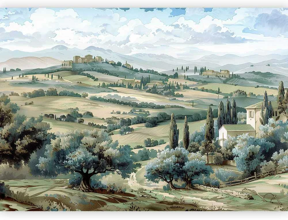 Artgeist Fototapetas - Landscape with Žalias Fields and Trees Tuscan Sunny View