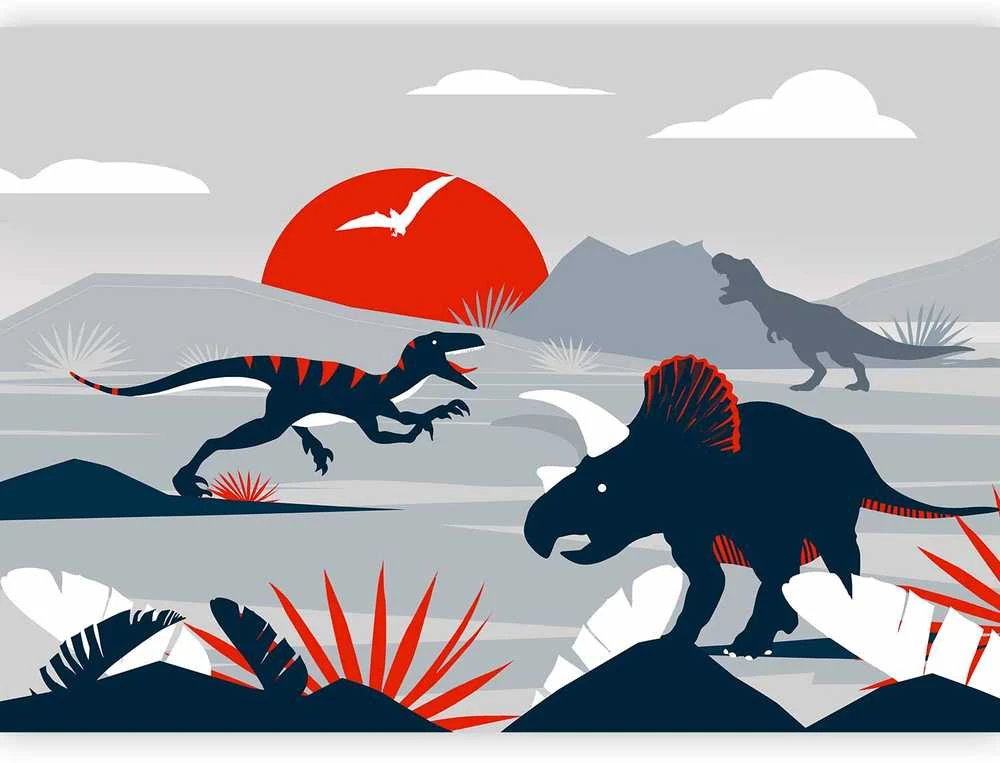 Artgeist Fototapetas - Last dinosaurs with red - abstract landscape for a room