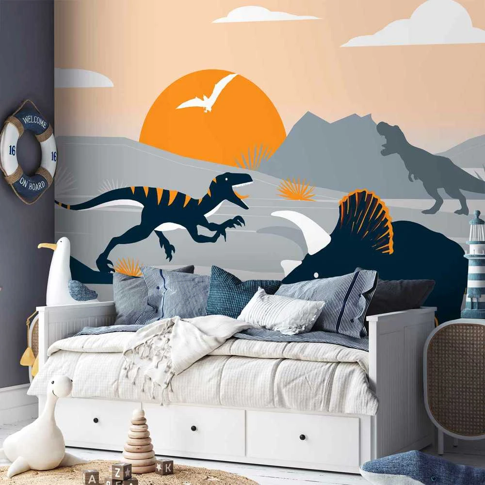 Artgeist Fototapetas - Last dinosaurs with oranžinis - abstract landscape for a room