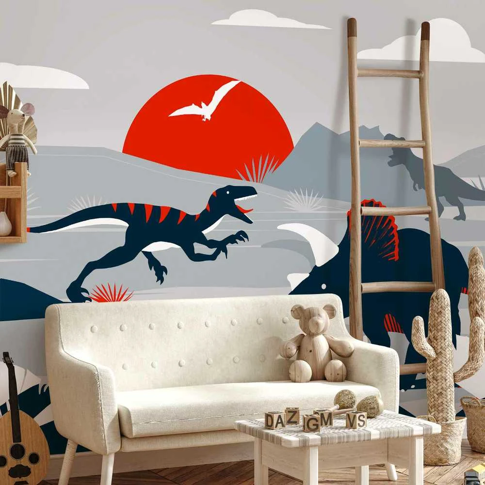 Artgeist Fototapetas - Last dinosaurs with red - abstract landscape for a room