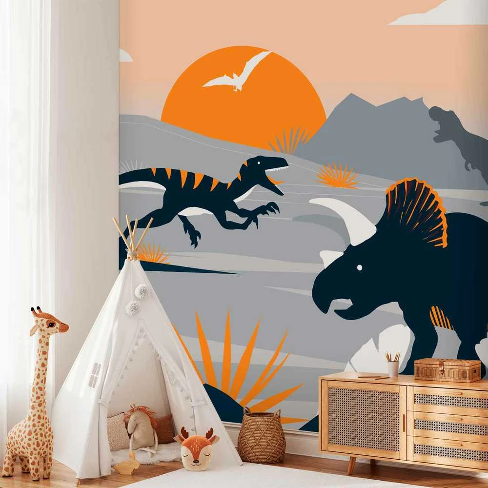Artgeist Fototapetas - Last dinosaurs with oranžinis - abstract landscape for a room