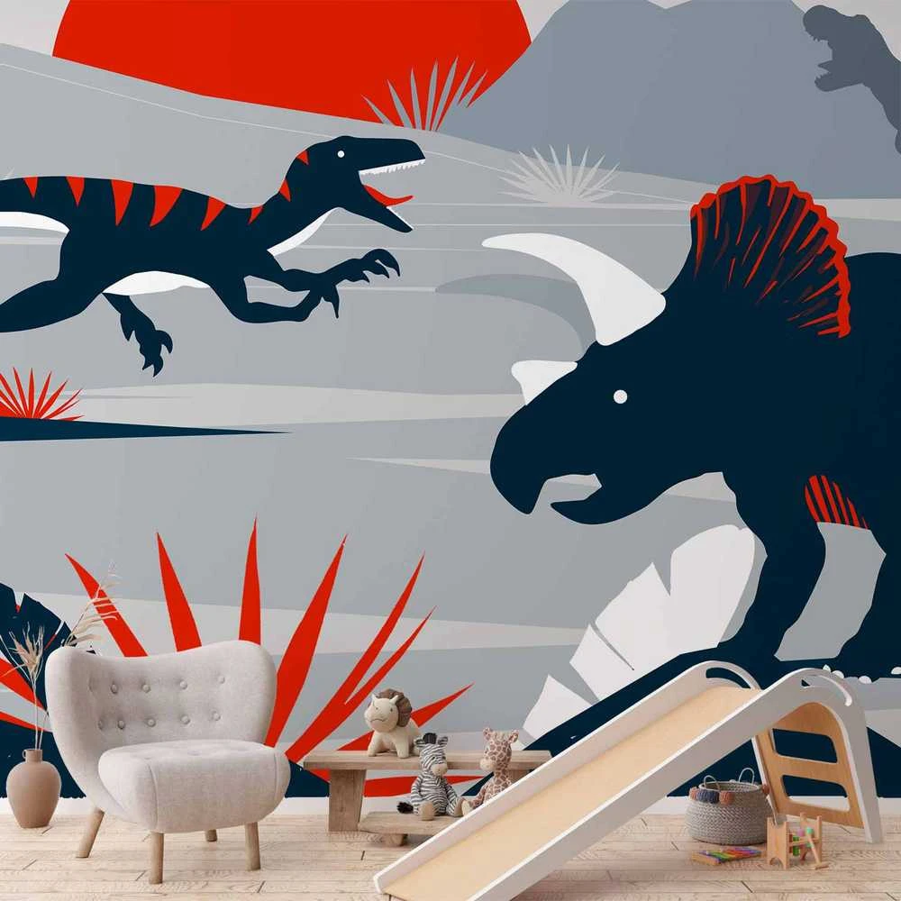 Artgeist Fototapetas - Last dinosaurs with red - abstract landscape for a room