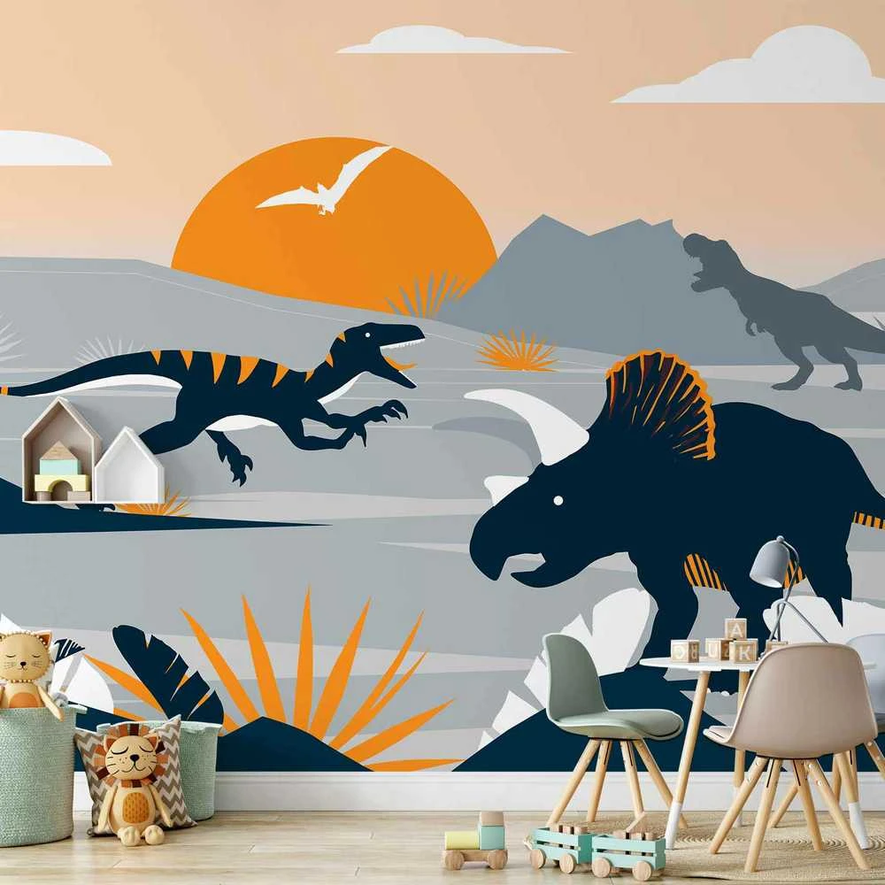 Artgeist Fototapetas - Last dinosaurs with oranžinis - abstract landscape for a room