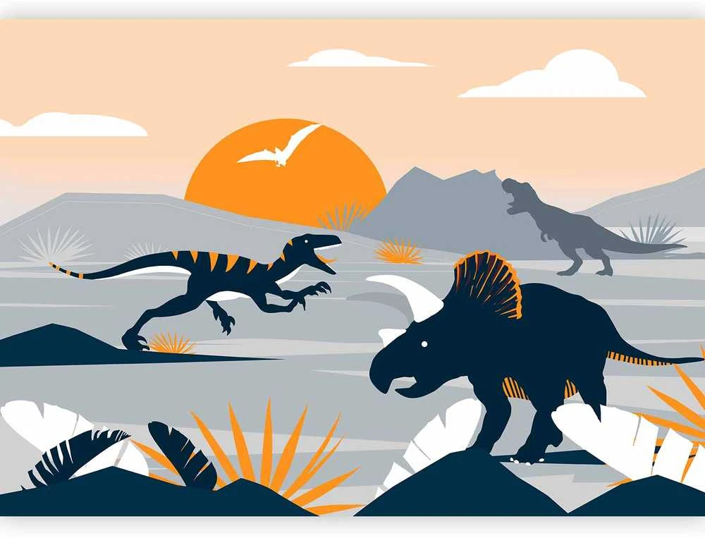 Artgeist Fototapetas - Last dinosaurs with oranžinis - abstract landscape for a room