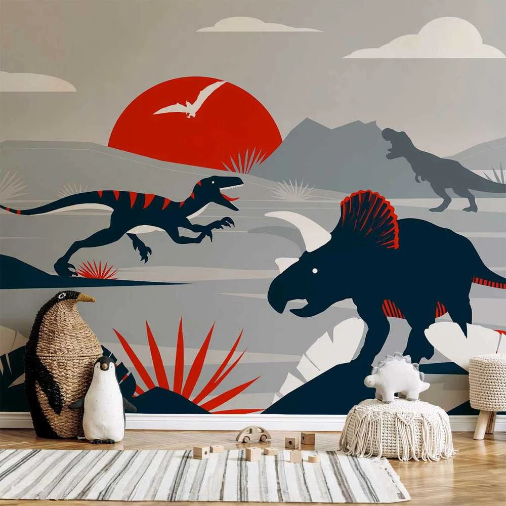 Artgeist Fototapetas - Last dinosaurs with red - abstract landscape for a room