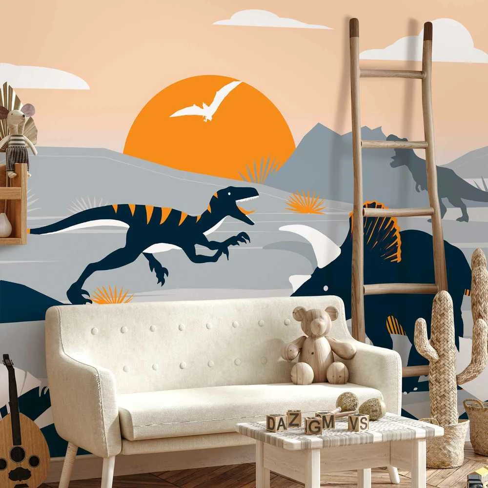 Artgeist Fototapetas - Last dinosaurs with oranžinis - abstract landscape for a room