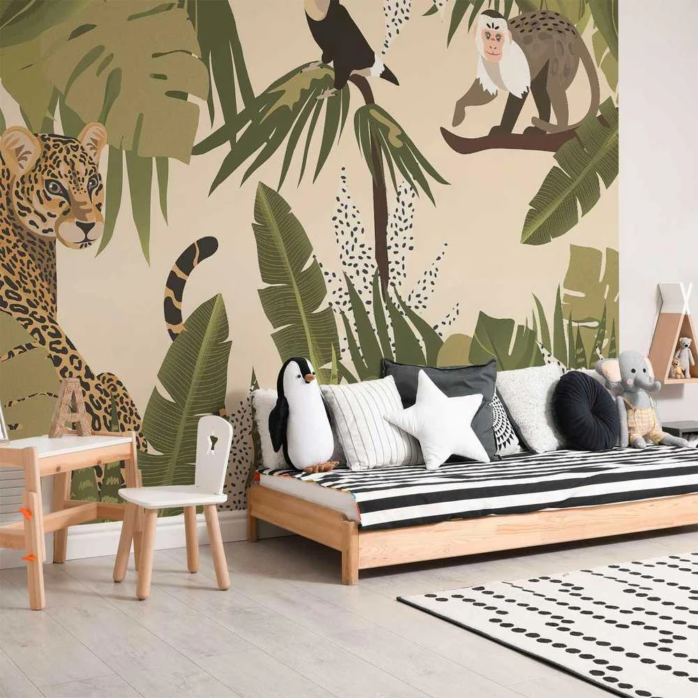 Artgeist Fototapetas - Leaves and Shapes - Jungle in Faded Colours With Animals