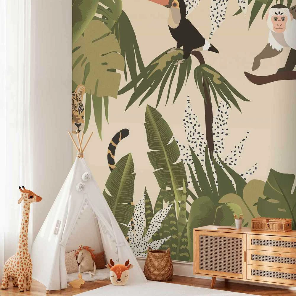 Artgeist Fototapetas - Leaves and Shapes - Jungle in Faded Colours With Animals