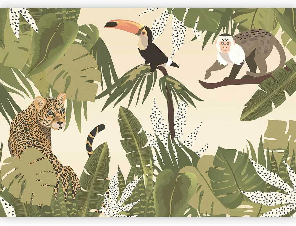 Artgeist Fototapetas - Leaves and Shapes - Jungle in Faded Colours With Animals