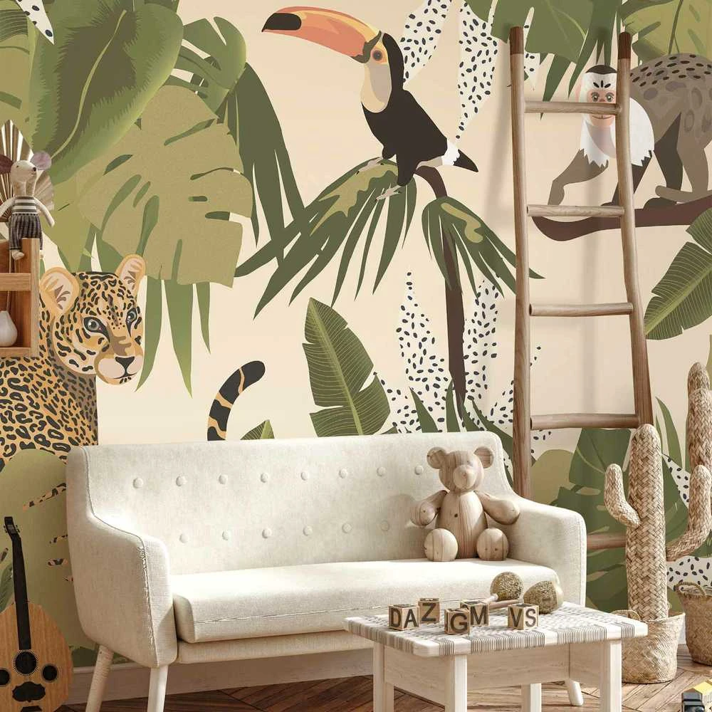 Artgeist Fototapetas - Leaves and Shapes - Jungle in Faded Colours With Animals