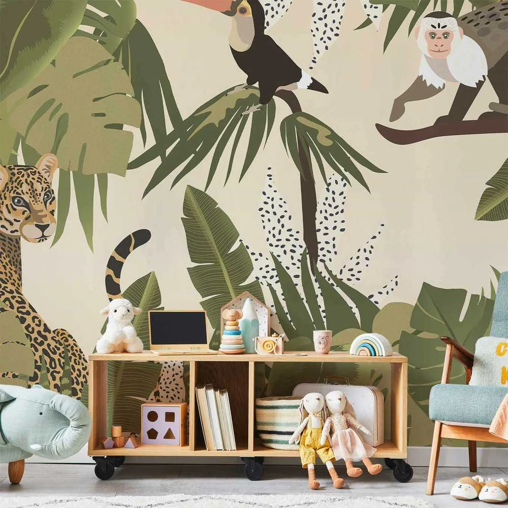 Artgeist Fototapetas - Leaves and Shapes - Jungle in Faded Colours With Animals