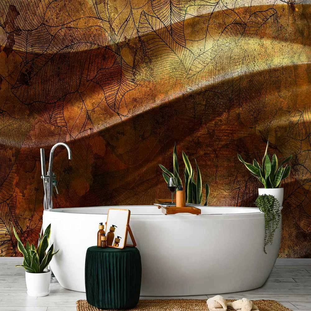 Artgeist Fototapetas - Liquid auksinis - abstract wavy composition with leaf patterns