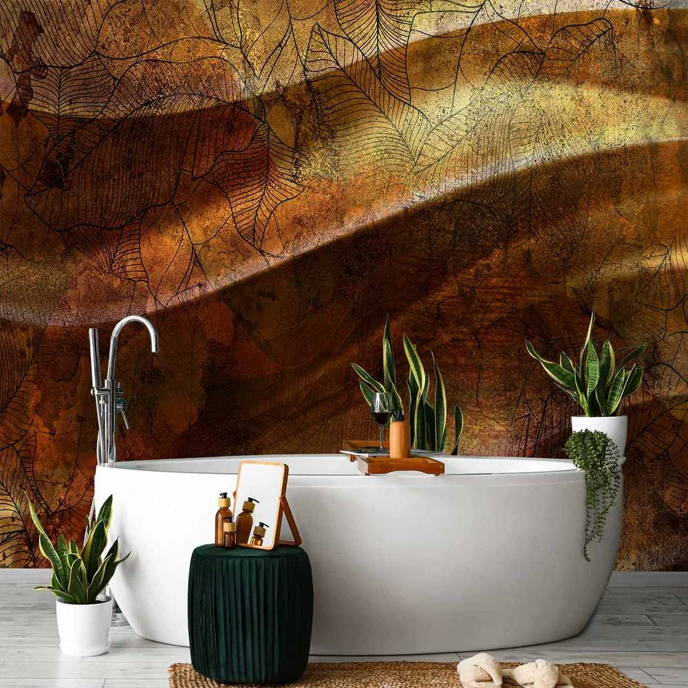 Artgeist Fototapetas - Liquid auksinis - abstract wavy composition with leaf patterns