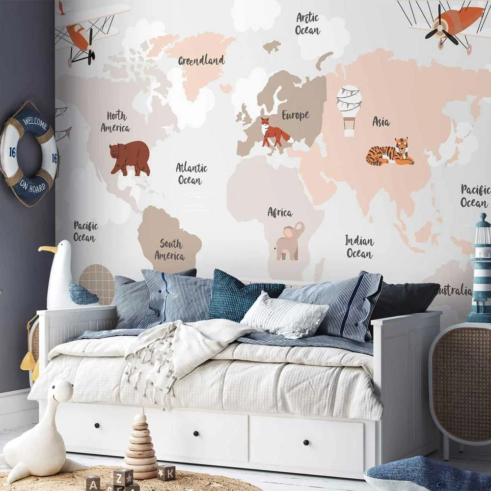Artgeist Fototapetas - Map in Shades of rusvai gelsvas - Continents With Animals