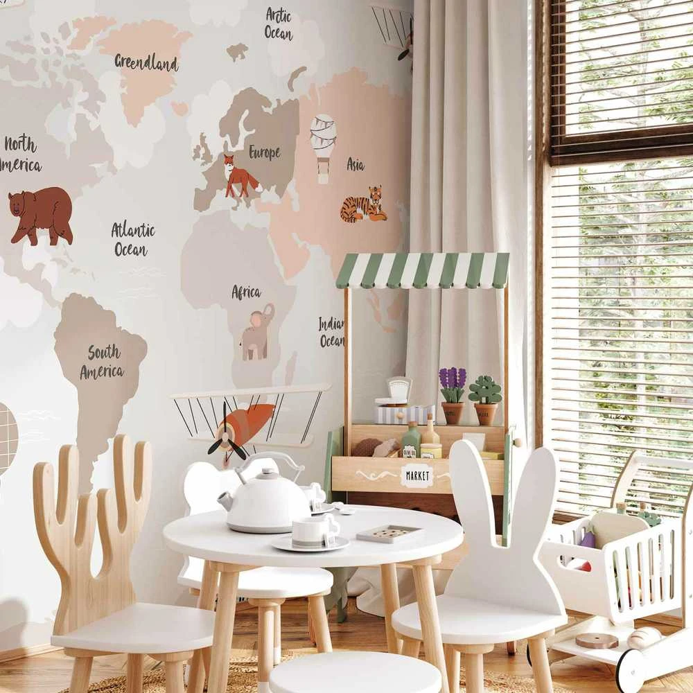 Artgeist Fototapetas - Map in Shades of rusvai gelsvas - Continents With Animals